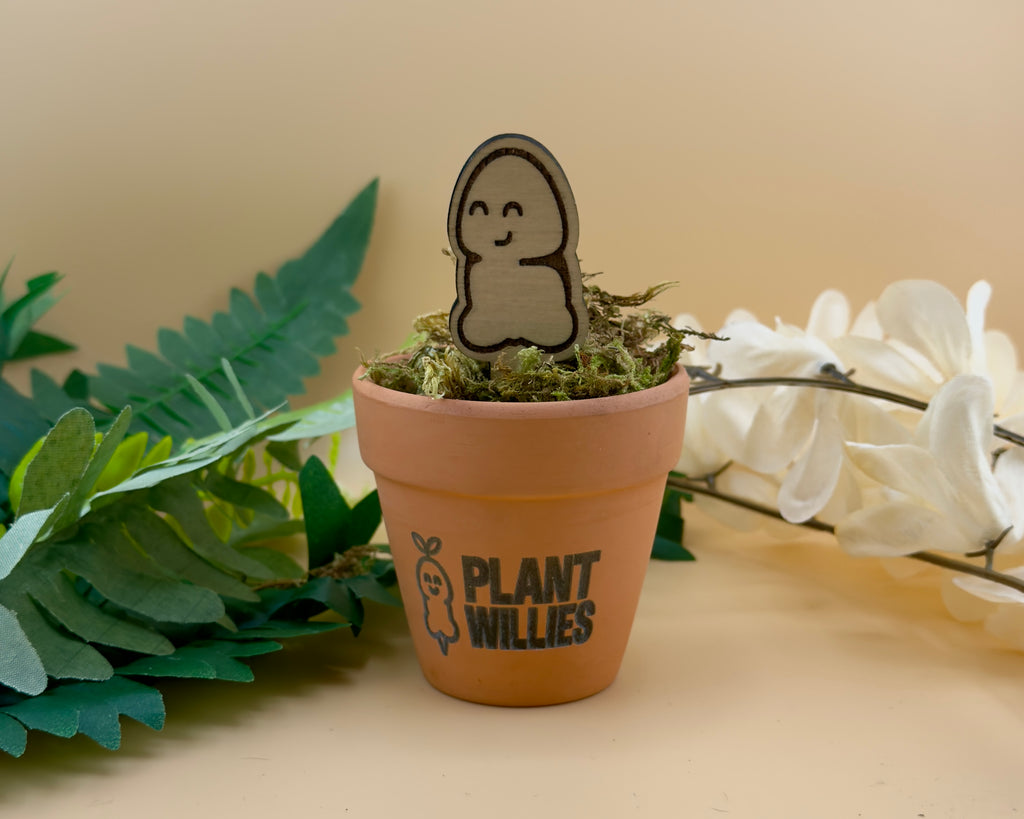 Chunk wooden plant stake by Plant Willies™ standing proudly in a pot of moss.