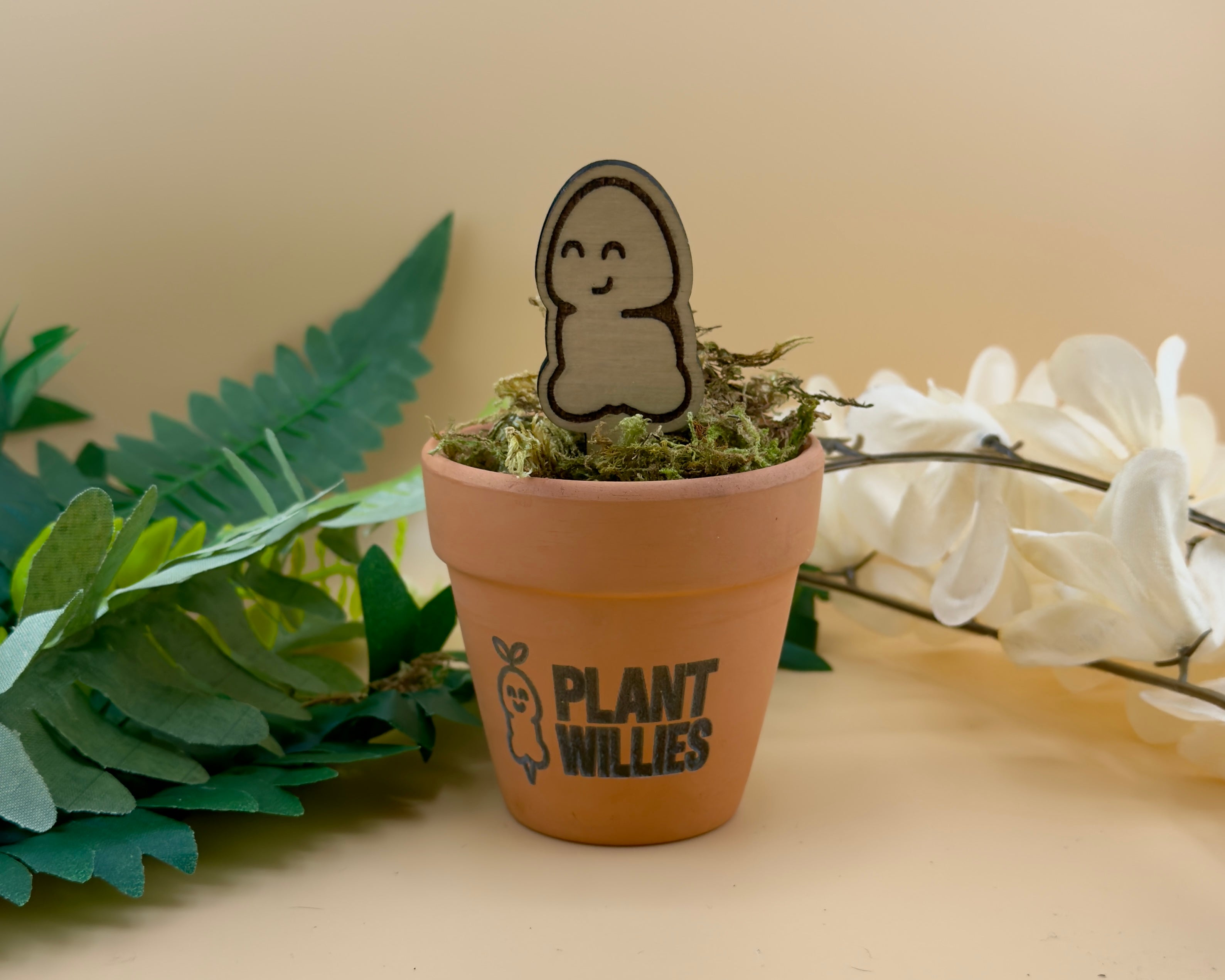 Chunk wooden plant stake by Plant Willies™ standing proudly in a pot of moss.