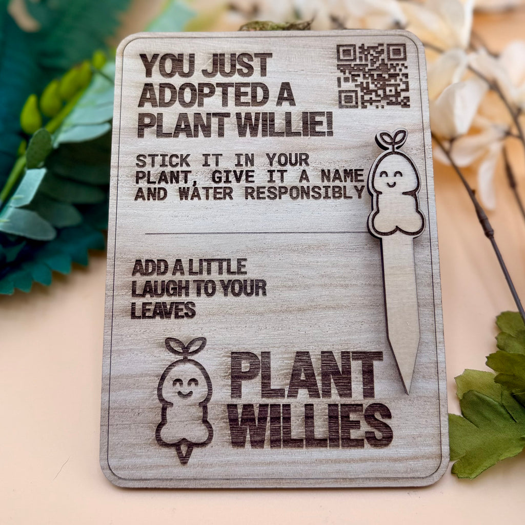 Engraved wooden insert card explaining how to care for your Plant Willie™.
